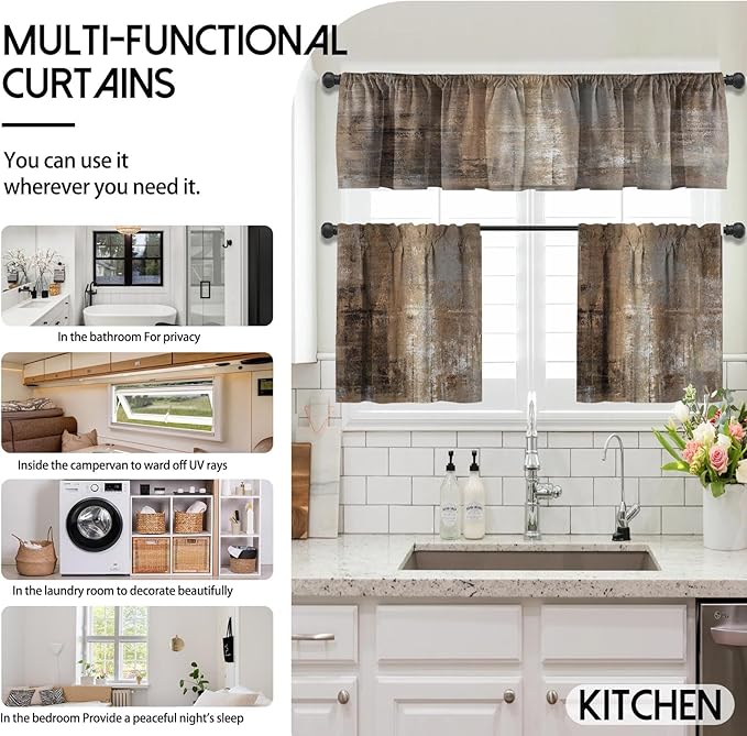 MCALK Brown Blackout Kitchen Curtains Tiers and Valances for Windows, Grey Kitchen Window Curtains, Modern Abstract Art Valances for Living Room (36" Tiers Set)