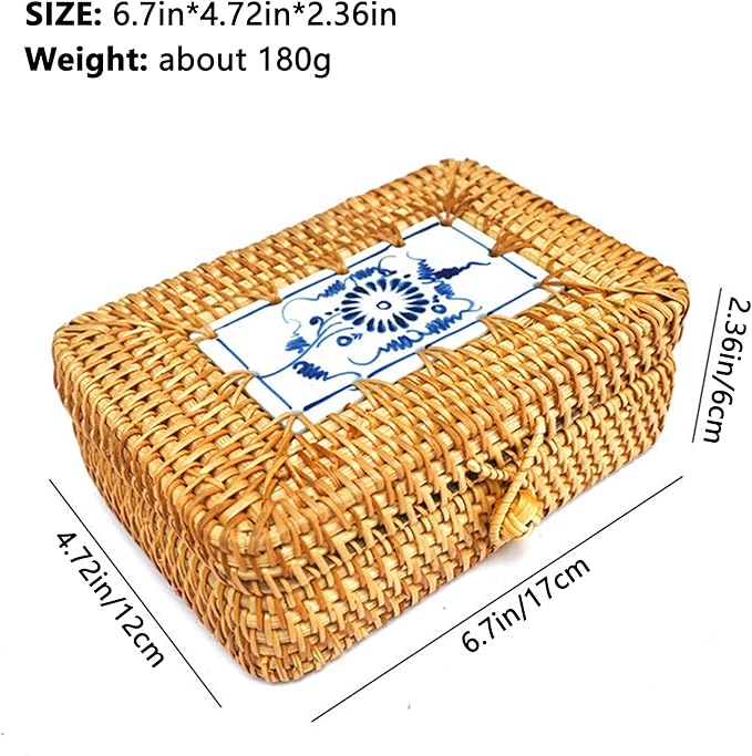 Rattan Box with Lid: Blue-and-White Porcelain Decorative Rattan Storage Box, Hand-Woven Wicker Storage Basket with Lid, for Sundries Tea Case Picnic Food Containers (Rectangle, 6.7in*4.72in*2.36in)