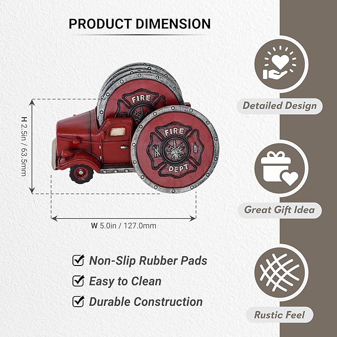Fire Truck Coaster Set of 5 - Firefighter Kitchen Table Coasters Set Rustic Home Decor Living Room - Firefighter Coaster Sets with Holder Dining Room Decor and Accessories