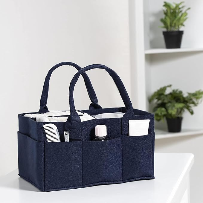 Sammy & Lou Diaper Caddy Organizer - Collapsible Tote Bag with Handles - Organizer for Diapers, Wipes & Baby Changing Supplies - Felt Storage Organizing Bin for Car, Desk, Nursery (Navy Blue)