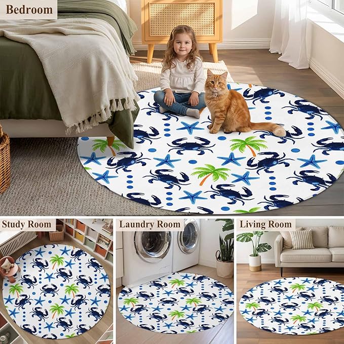 Washable Round Area Rug Abstract Blue Crab Starfish Circle Rugs Floor Carpet for Living Room Bedroom, Watercolor Palm Tree Soft Non Slip Round Rug 4ft