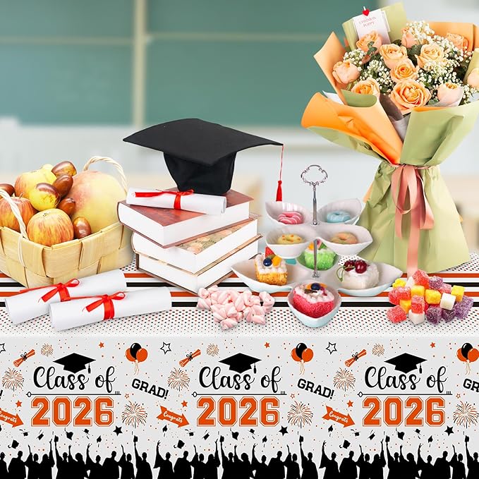 Graduation Decorations Class of 2026 Tablecloth - 3 Pcs Plastic Congrats Grad Table Cloth, Graduation Table Cover for Graduations Party Decorations 2026 and Party Supplies, 54"x108" (Orange and Black)