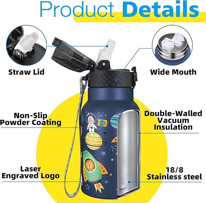 Han's Bottle Kids Water Bottle with Straw Lid - Insulated Stainless Steel Reusable Tumbler for Girls,Boys,Thermo Mug,12oz,Cosmic Animals