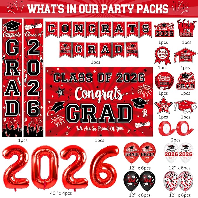 Graduation Decorations Class of 2026 - Red Graduation Party Supplies with Congrats Grad Backdrop & Banner, Hanging Swirls, Porch Sign, Balloons for High School & College Celebrations