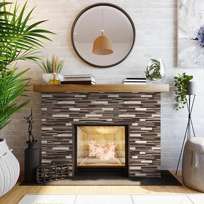 Yipscazo 5 Sheets Peel and Stick Stone Metal Tile Backsplash, Stick on Tiles for Backsplash Kitchen, Bathroom, Laundry Room, Camper, Fireplace (12'' X 12'', Brown Wood)