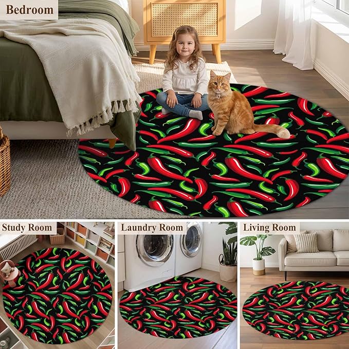 Washable Round Area Rug Spicy Chili Pepper Pattern Circle Rugs Floor Carpet for Living Room Bedroom, Red Green Peppers on Black Soft Non Slip Round Rug 3ft