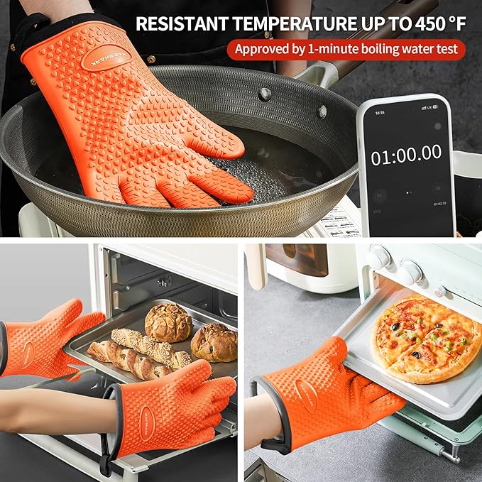 MAD SHARK Silicone Oven Mitts Heat Resistant 450°F with Waterproof & Non-Slip Oven Gloves with Fingers, Silicone Oven Gloves Kitchen Mittens for Baking Cooking Barbecue (Orange)