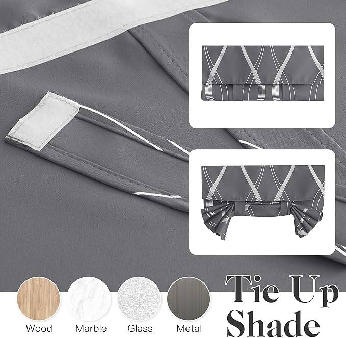 NICETOWN Blackout Door Curtains for Glass Window, Foil Printed French Door Blinds Tie Up Shade Window Covering for Basement Bedroom Livingroom, Grey, W26 X L72, 1 Panel