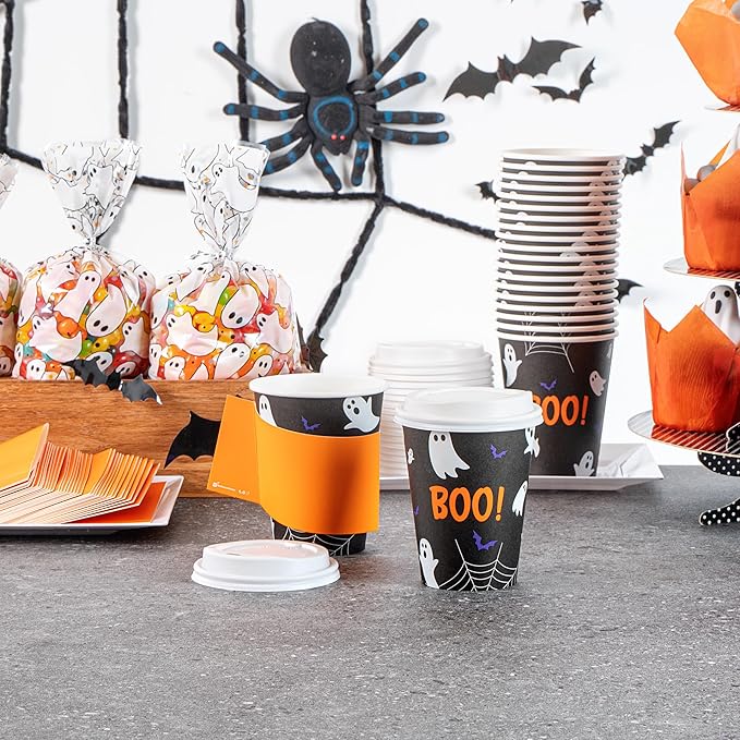 Restaurantware-Restpresso 12 Ounce Halloween Party Cups, 20 Disposable Hot Cups With Plastic Lids - Spooky Ghost Design, Rolled Rim, Black Paper Coffee Cups, Single Wall, Serve Hot And Cold Drinks