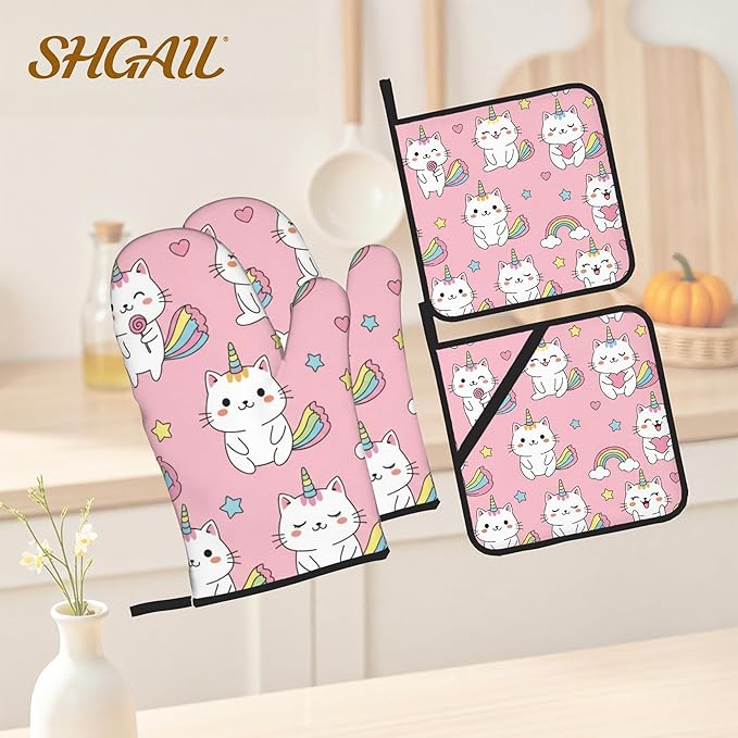 Pink Cat Oven Mitts and Heat Resistant Pads - Heat Resistant Gloves Potholder Set of 4 for Cooking, BBQ, Gifts for Women