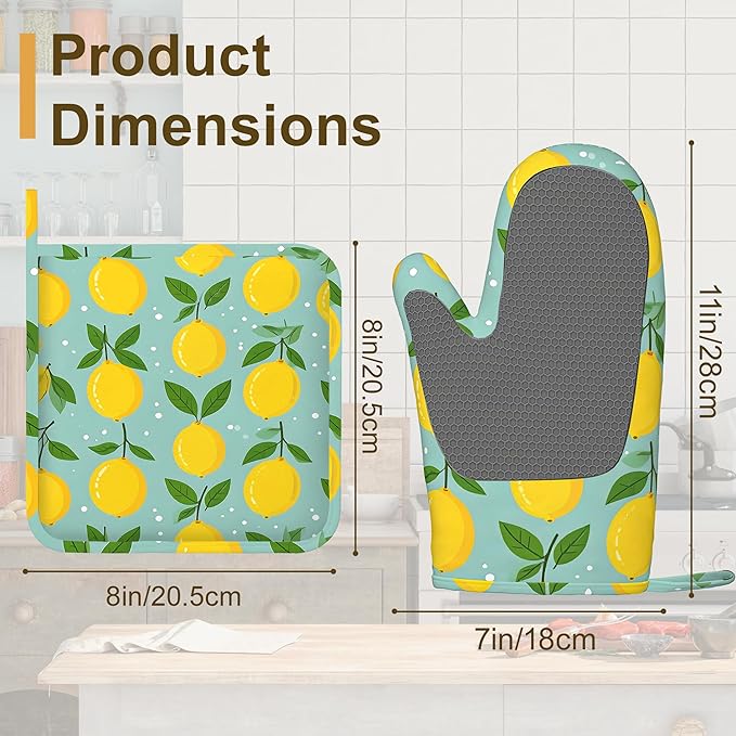 Oven Mitts and Pot Holders Yellow Lemon Silicone Kitchen Accessories Set of 4 Heat Resistant Gloves Potholder Non-Slip Grip for Chef Cooking Baking Grilling BBQ