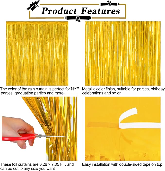 8 Pack 2026 Graduation Party Decorations, 3.28 FT x 7.05 FT Gold Backdrop, Metallic Graduation Photo Backdrop Grad Foil Curtains Party Streamer, Class of 2026 Decorations Grad Decor