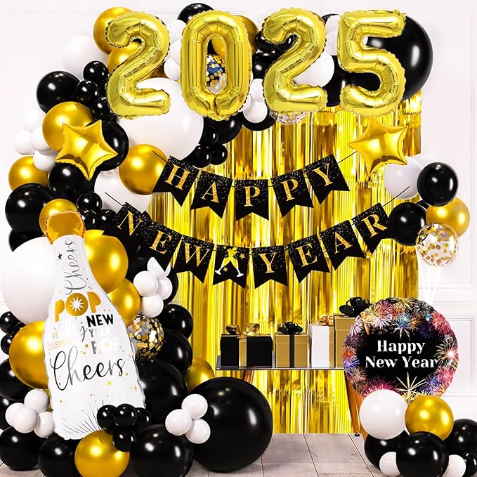 New Years Eve Party Supplies 2025, 69 PCS Kit: Gold & Black Balloons, Banners, Curtains & More for New Year Celebration