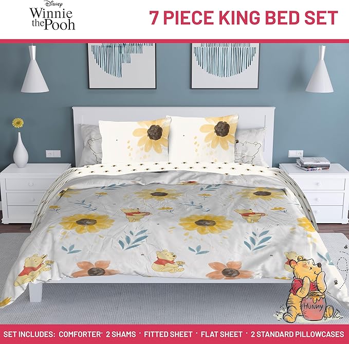 Jay Franco Disney Winnie The Pooh King Comforter Set - 7 Piece Bedding Includes Sheet Set & Pillow Covers - Super Soft Cozy Floral Bedding