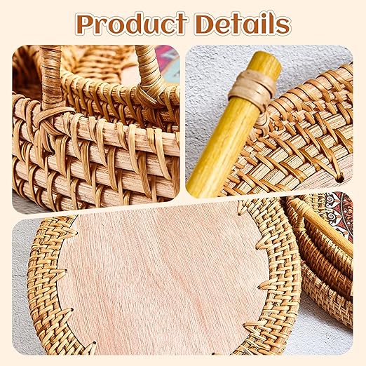 28cm/11.02in Oval Rattan Woven Tray Basket with Handles, Hand Woven Round Rattan Serving Decorative Wicker Trays for Table Decor (L)