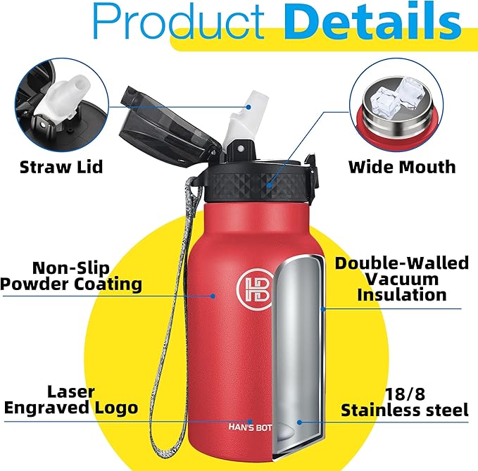 Han's Bottle Kids Water Bottle with Straw Lid - Insulated Stainless Steel Reusable Tumbler for Girls,Boys,Thermo Mug,12oz,Red
