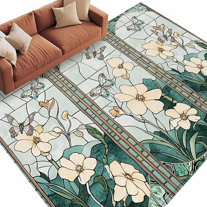 Area Rug 6x9ft, Spring Flower Colorful Butterfly Washable Rugs for Living Room Bedroom, Vintage Green Plant Soft Non-Slip Area Rugs Rectangle Floor Carpet for Dining Room