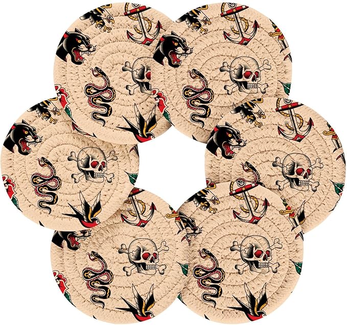 YETTASBIN Old School Tattoo 6 Pcs Drink Coasters with Holder, Cotton Woven Absorbent Heat-Resistant Round Coaster Non-Slip Table Mat for Kitchen Bar Home Decor Housewarming Gift, 3.9 in
