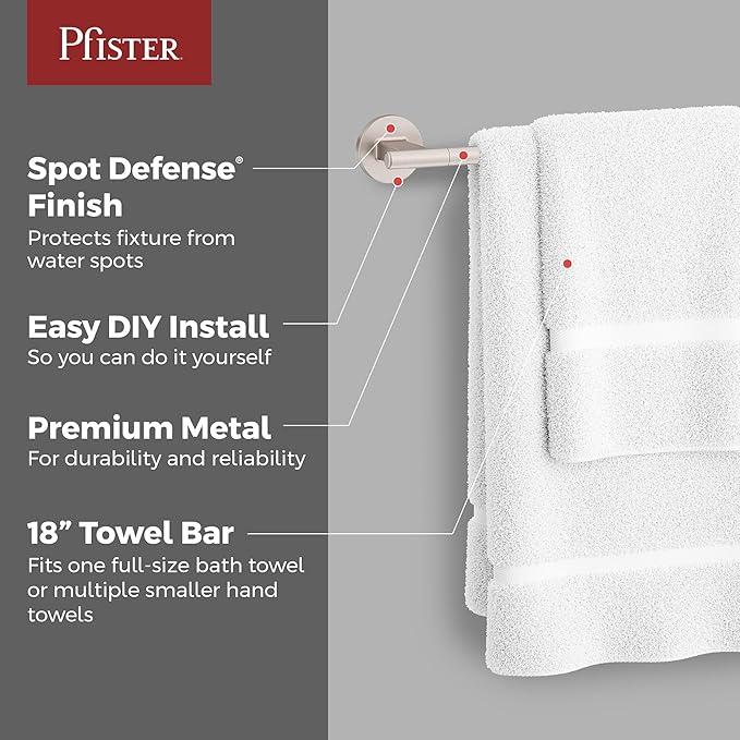 Pfister Capistrano Bath Towel Bar for Bathroom, 18-Inch, Wall-Mounted, Screw-in, Spot Defense Brushed Nickel Finish, BTBCSO1GS