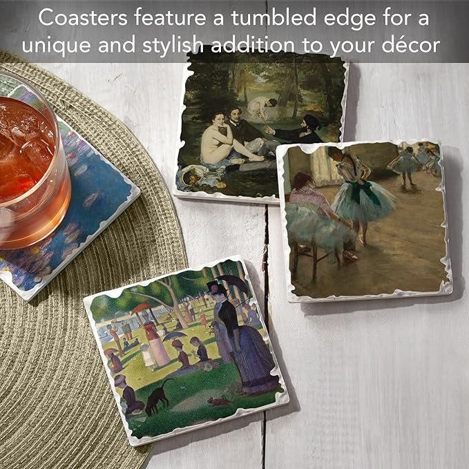 Thirstystone French Impressionists 4 Pack Assorted Tumbled Tile Stone Coasters with Protective Cork Backing Manufactured in The USA Absorbent Easily Wipes Clean