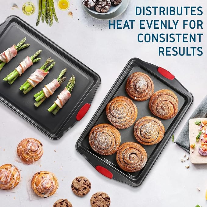 Baking Sheet Set, 2-Piece Large Cookie Sheet Set with Silicone Handles, Steel Baking Pan, Baking Sheets for Oven, BPA Free Nonstick Set, Half Sheet Pans, Black Baking Tray
