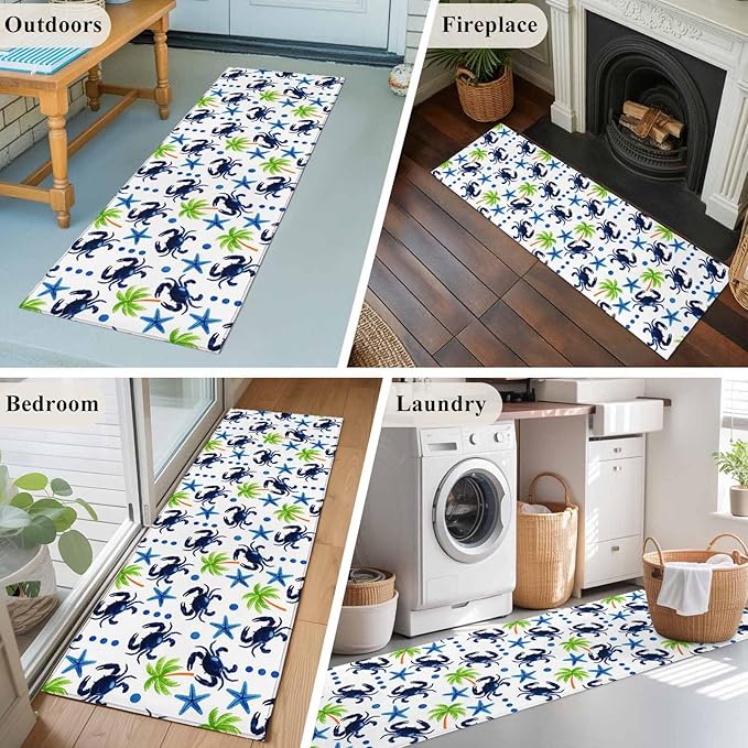 Runner Rug for Bedroom Hallway, Abstract Blue Crab Starfish Kitchen Runner Rugs Area Rug 2x6ft, Watercolor Palm Tree Washable Soft Floor Carpet for Entryway Stair