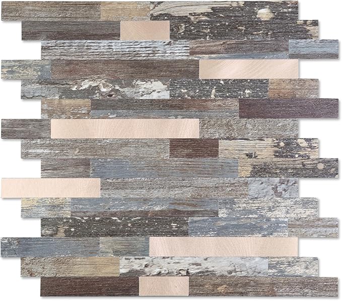 Yipscazo 10 Sheets Peel and Stick Stone Metal Tile Backsplash, Stick on Tiles for Backsplash Kitchen, Bathroom, Laundry Room, Camper, Fireplace (12'' X 12'', Mix Rustic with Gold)