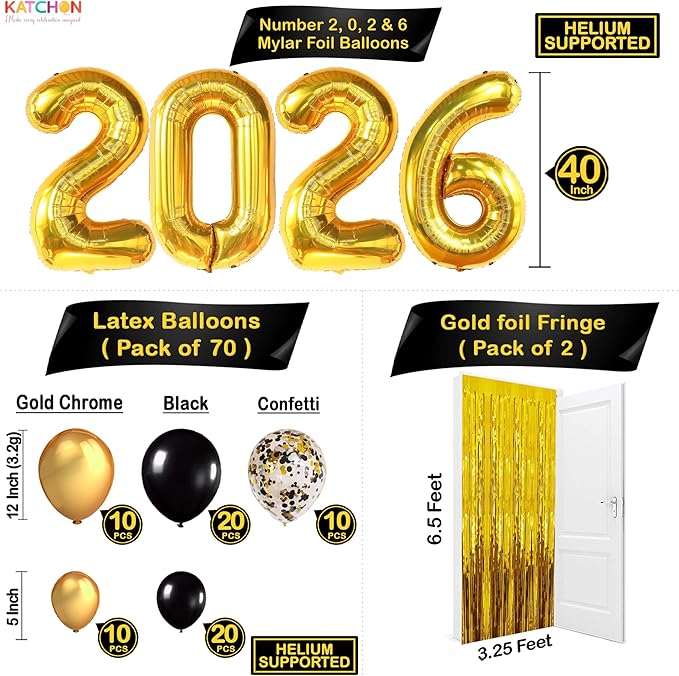 KatchOn, New Years Eve Party Supplies 2026 - Huge Set, Pack of 86 | Happy New Year Decorations 2026, NYE Decorations 2026 | Gold Fringe Curtain Backdrop with Black and Gold 2026 Balloon Arch Kit