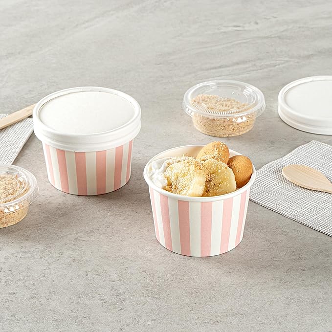 Restaurantware-Coppetta 4 Ounce Dessert Cups, 200 Disposable Ice Cream Cups - Lids Sold Separately, Heavy-Duty, Pink And White Paper Frozen Yogurt Bowls, For Hot And Cold Foods