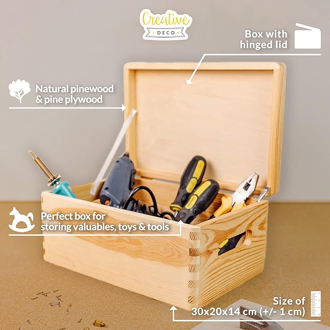 Creative Deco Large Wooden Storage Box with Hinged Lid | 11.8 x 7.87 x 5.51 in (+-0.5) | Keepsake Unfinished Plain Unpainted Gift Box with Handles for Tool Toy Kitchen | ROUGH & UNSANDED Wood Trunk