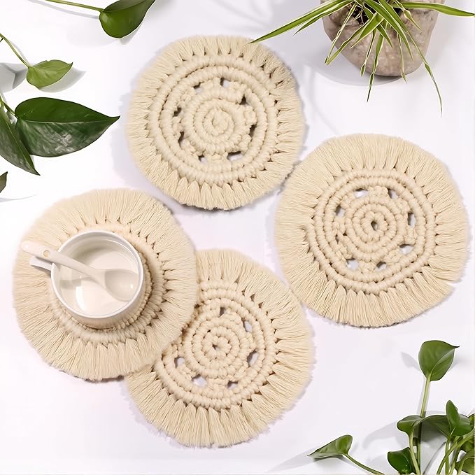 Boho Macrame Coasters Set of 2,Absorbent Coaster for Drinks, Round Handmade Woven Coasters for Boho Home Decor, CupCoasters for Office Desk, Kitchen, Dining Room, Bar (Hole-Beige(2pcs)/7.4in)