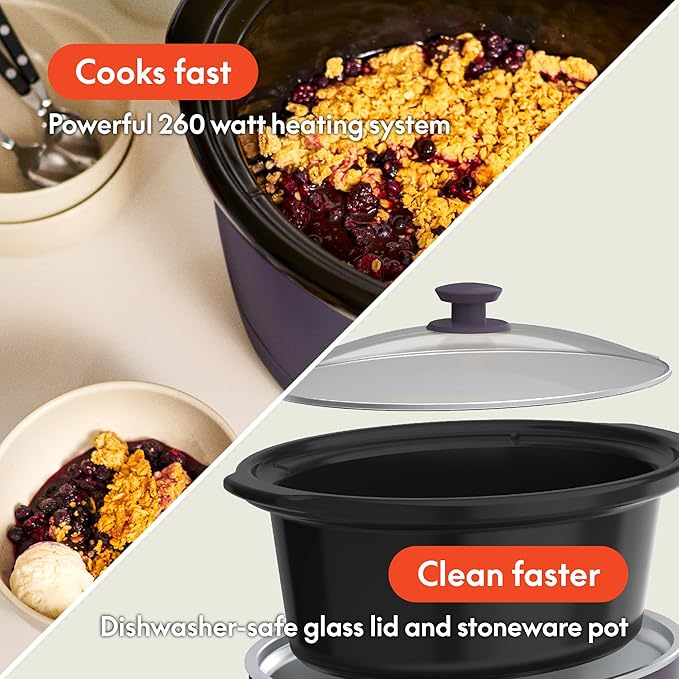 bella 6.0 Qt Manual Slow Cooker, Ceramic Nonstick Coating, 3 Temperature Settings, Dishwasher Safe Stoneware Pot and Tempered Glass Lid, Cool Touch Handles & Tangle Free Cord Wrap, Plum