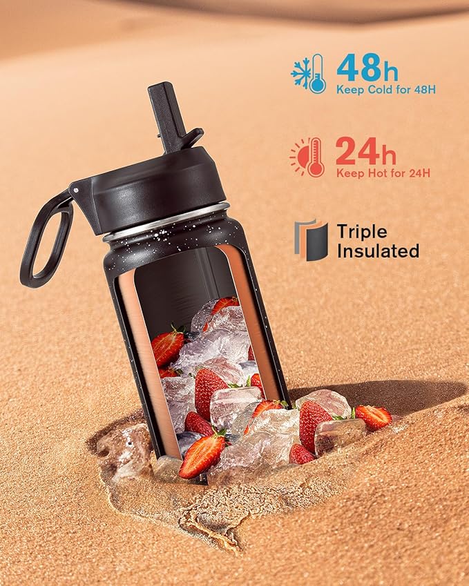 Coolflask Water Bottle 24 oz Insulated with Straw, Stainless Steel Metal 3 Lids Water Flask Wide Mouth for Sports or Office, Non-BPA Keep Cold Up to 48 Hrs or Hot Up to 24 Hrs, Starry Night