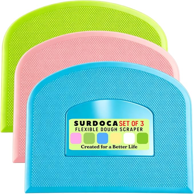 SURDOCA Dough Scraper Bench Scraper - 3P 10.6x6.7" Plastic Flexible Bowl Scraper, Sharp Edge & Angles Cake Scraper. Non-Slip Bakeware Decorating Tools Sculpting & Modeling Tools - Pink+Blue+Green