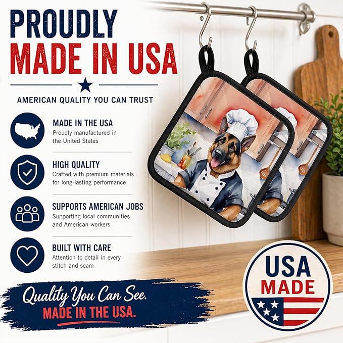 Caroline's Treasures German Shepherd The Chef Pair of Pot Holders Kitchen Heat Resistant Pot Holders Sets Oven Hot Pads for Cooking Baking BBQ, 7 1/2 x 7 1/2