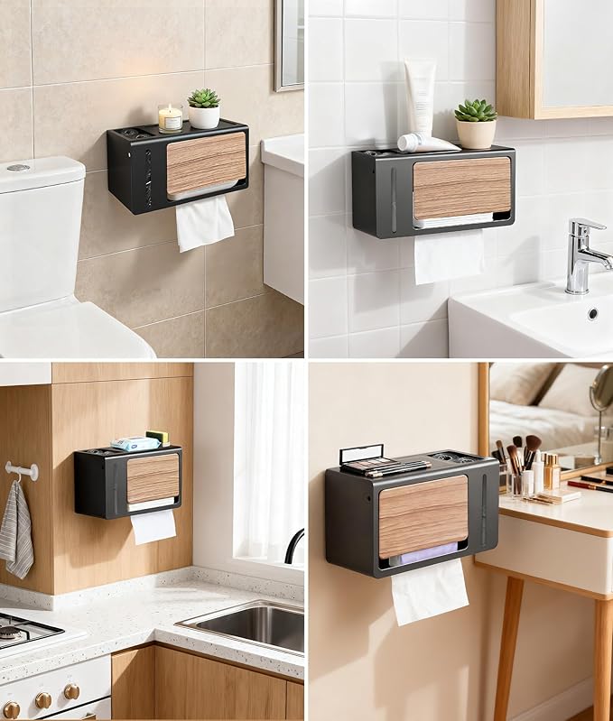 DPB Paper Towel Dispenser Wall Mount, No Drilling Required, Bathroom Paper Towel Holder with Lid, for Home and Commercial, Bathroom Kitchen (Black)