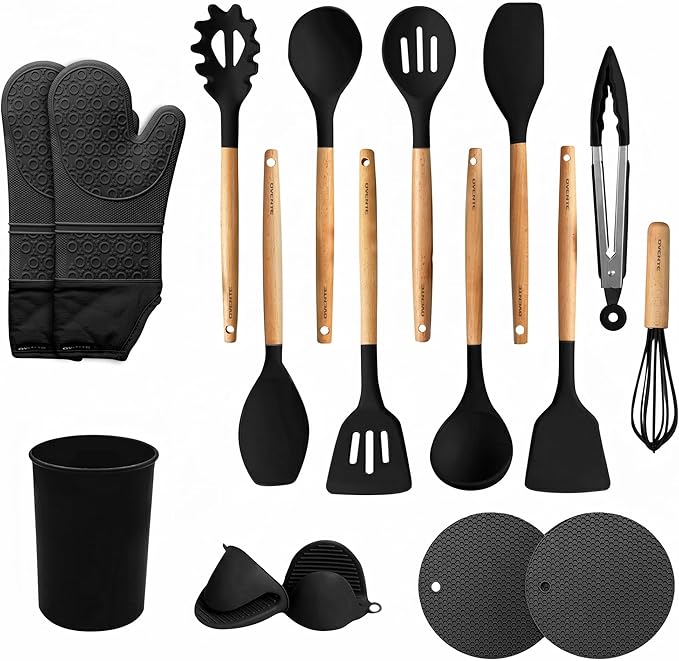 OVENTE Silicone Cooking Utensils Set, 17pcs Heat Resistant Kitchen Tools and Gadgets for Nonstick Cookware, BPA Free Spatula Set with Wooden Handle, Cup Holder, Oven Gloves and Hot Pads, Black SPS17B