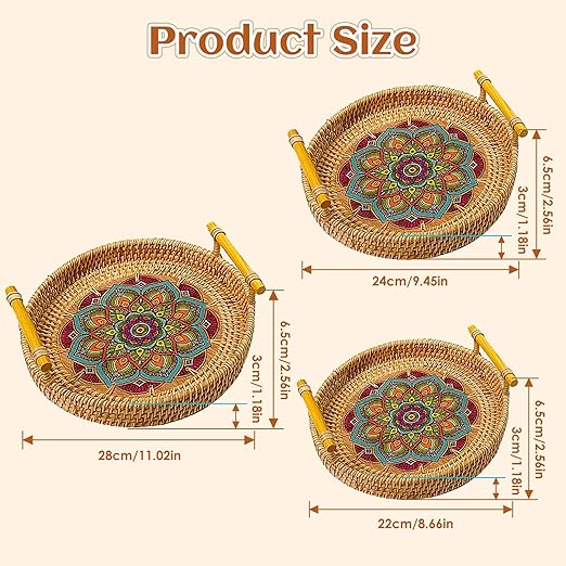 24cm/9.45in Oval Rattan Woven Tray Basket with Handles, Hand Woven Round Rattan Serving Decorative Wicker Trays for Table Decor (M)