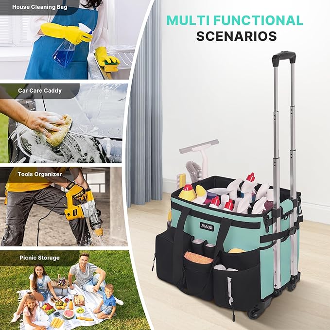 JKAOO Large Rolling Cleaning Caddy Bag with Detachable Trolley, Waterproof Cleaning Caddy on Wheels for Housekeepers, Cleaning Cart Supplies Organizer for Home,Car,Office,Picnic (Blue-Green) (Patent)