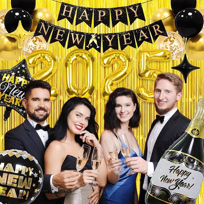 New Years Eve Party Supplies 2025, Gold and Black Balloons Supplies Set with 2025 Foil Balloon, Happy New Year Decorations 2025 Kit Latex Balloons New Year Banner Curtains Backdrop for NYE Decoration