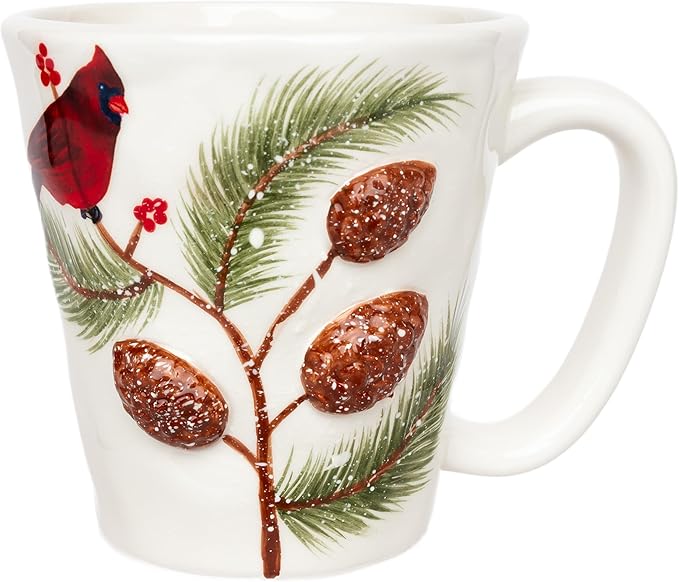 Boston International Ceramic Mug for Coffee Tea & Hot Drinks, 12-Ounces, Pinecones & Cardinals