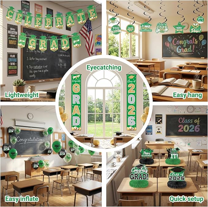 Green 2026 Graduation Party Decor Kit-Includes Backdrop, Banner, Balloons, Hanging Ornaments & Honeycomb Decorations for Class of 2026 -Full Set for High School and University Graduation Events