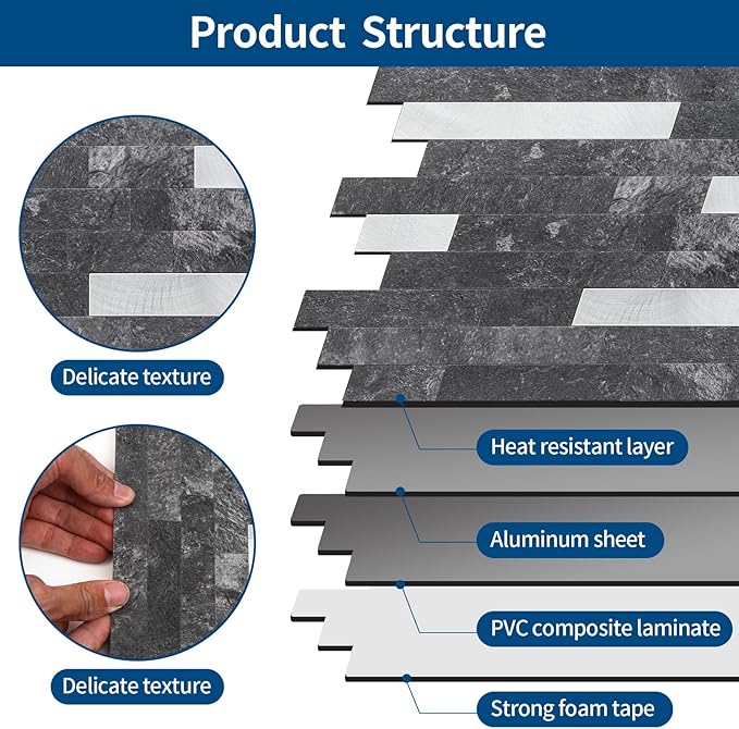 Yipscazo 1 Sheet Peel and Stick Stone Metal Tile Backsplash, Stick on Tiles for Backsplash Kitchen, Bathroom, Laundry Room, Camper, Fireplace (12'' X 12'', Dark Black)