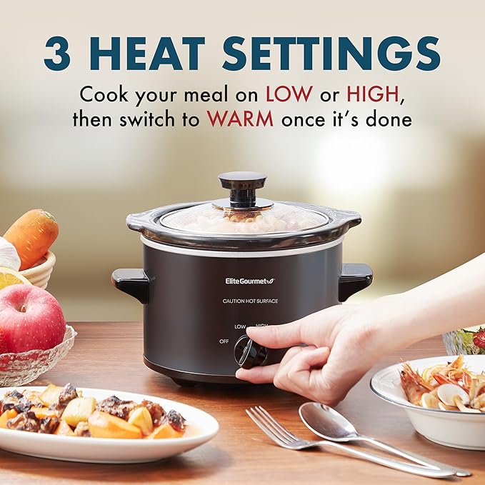 Elite Gourmet MST-250XBX Electric Slow Cooker Ceramic Pot, with Adjustable Temp, Entrees, Sauces, Soups, Roasts, Stews & Dips, Dishwasher Safe (1.5 Quart, Black)
