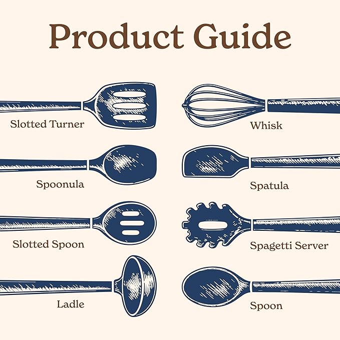 Country Kitchen Non Stick Silicone Utensil Set with Rounded Wood Handles for Cooking and Baking, 8 Piece Set, Navy