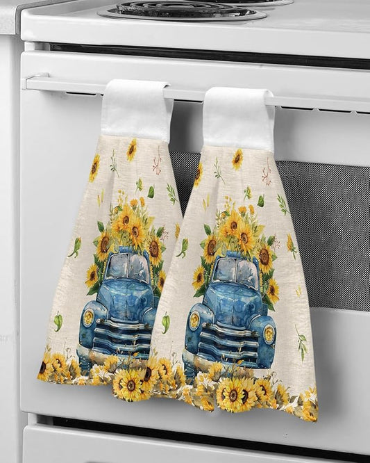 Alandar Home Kitchen Tie Towel Set of 2, Spring Farm Sunflower Blue Truck Absorbent Soft Hand Towels for Bathroom Hanging Towels, Blossom Floral on Linen Fast Drying Cleaning Cloth with Loop