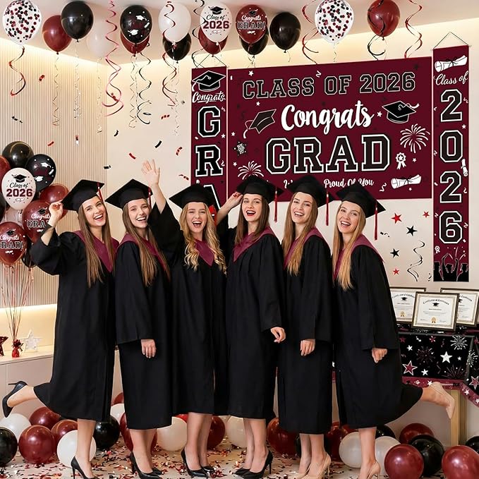 Graduation Decorations Class of 2026 - Maroon Graduation Party Supplies Congrats Grad Backdrop & Banner, Hanging Swirls, Porch Sign, Balloons for High School & College Celebrations