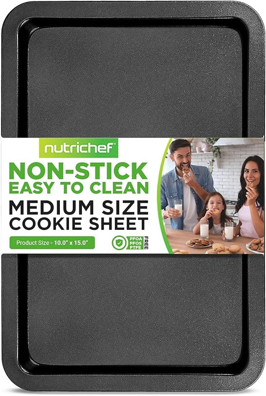 NutriChef 15” x 10" Non-Stick Cookie Sheet for Baking - Carbon Steel Baking Pan w/ Nonstick Coating - Jelly Roll Pan Compatible with Ovens & Toasters, Grey