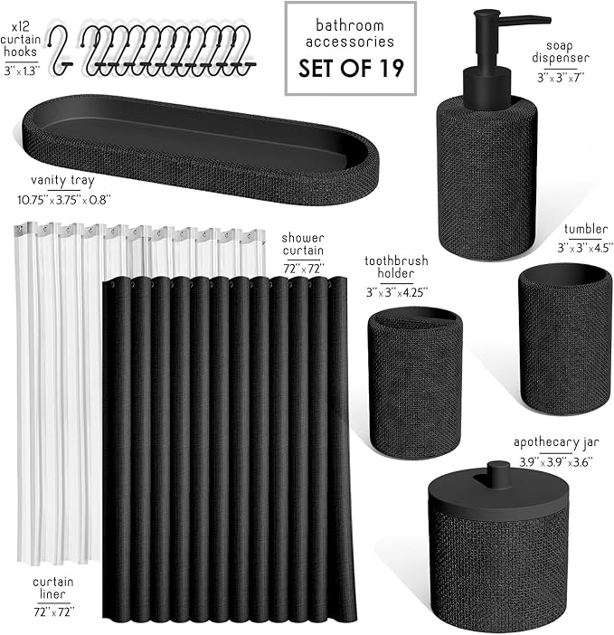 Clara Clark Bathroom Set - Black Bathroom Accessories Set, 19PC Bathroom Accessory Set, Bathroom Sets with Shower Curtain Set, Soap Dispenser & Toothbrush Holder