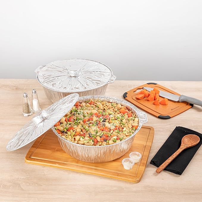 Foil Lux 8.5 Quart Pans And Lids, 10 Disposable Pots With Lids - Oven-Ready, Stove Compatible, Aluminum Foil Baking Pans, Freezable, For Outdoor Camping, Vacation, Picnic, And More - Restaurantware